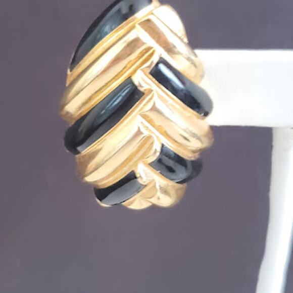 St. John Black Enamel and Gold‎ Clip On Earrings Signed - Picture 2 of 5